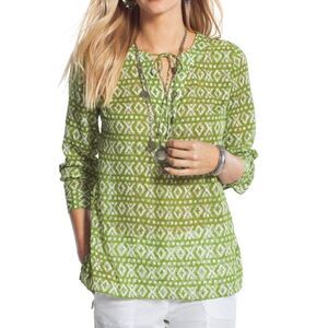 Chico’s graphic ikat eyelash boho style semi-sheer top. Size 1 (medium-8). New.